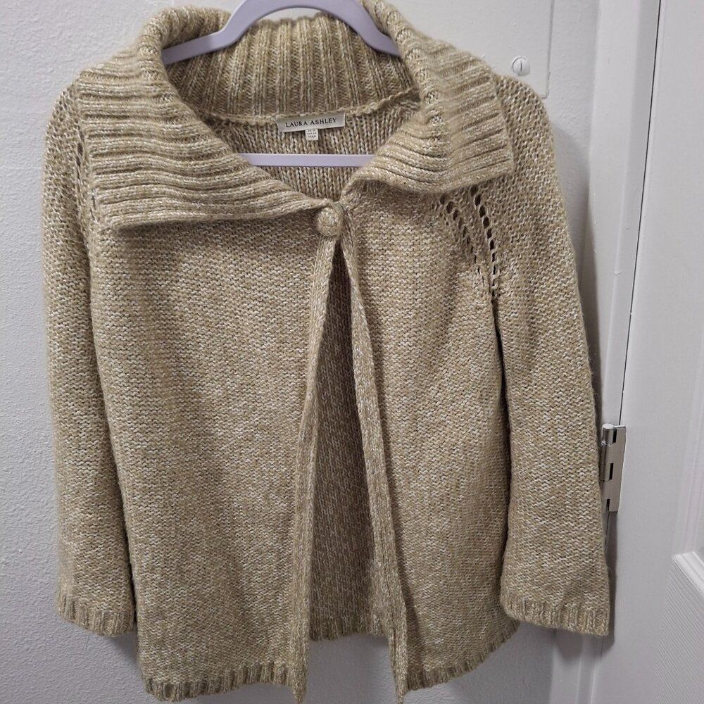 Laura Ashley Womens Open Front Beige Cardigan Sweater With Button Detail  US6